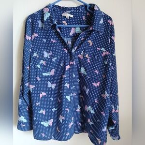 Notations Butterfly Polka Dot Top Size XL Button Up